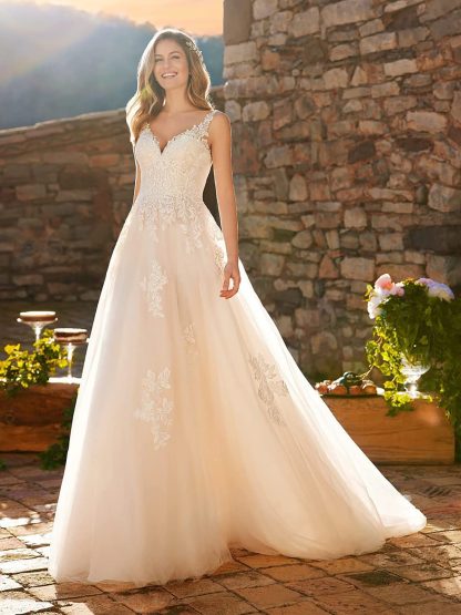 Light Champagne V-Neck Lace Embroidery Wedding Dress with Train - Image 3