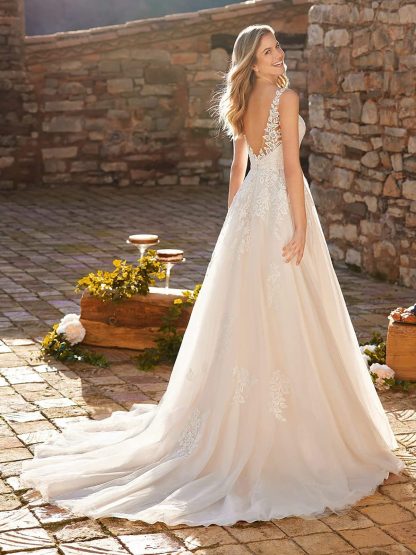 Light Champagne V-Neck Lace Embroidery Wedding Dress with Train - Image 2