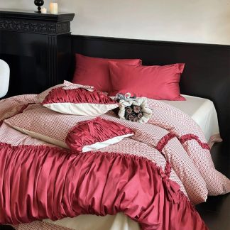 Contrast color polka dot ruffle bedding four-piece set