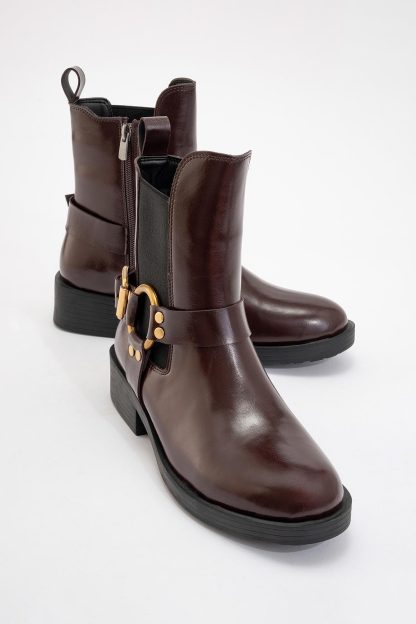 Vintage burgundy metal buckle ankle boots