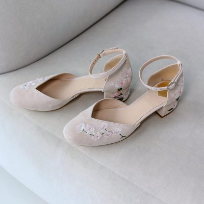 Cherry Blossom Embroidered Chunky Heel Sandals