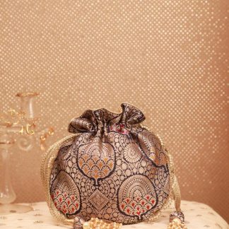 Peacock pattern gilt embroidered drawstring bag