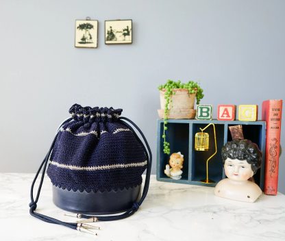 Vintage navy knitted drawstring bucket bag