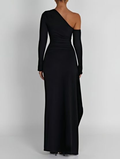 Black one-shoulder asymmetrical long-sleeved high-slit maxi dress - Image 2