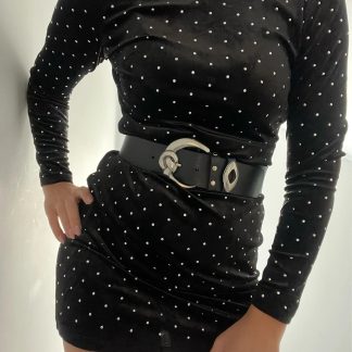 Dark black belt with dual metal decoration