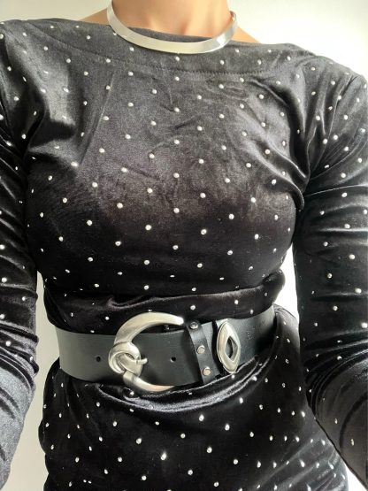 Dark black belt with dual metal decoration - Image 2