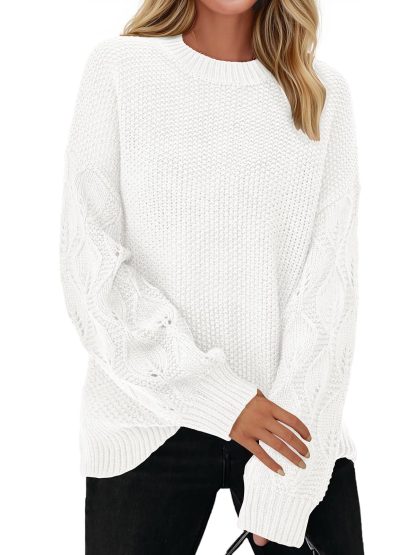 White Chunky Knit Crewneck Sweater - Image 4