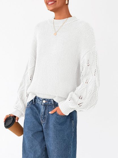 White Chunky Knit Crewneck Sweater - Image 2