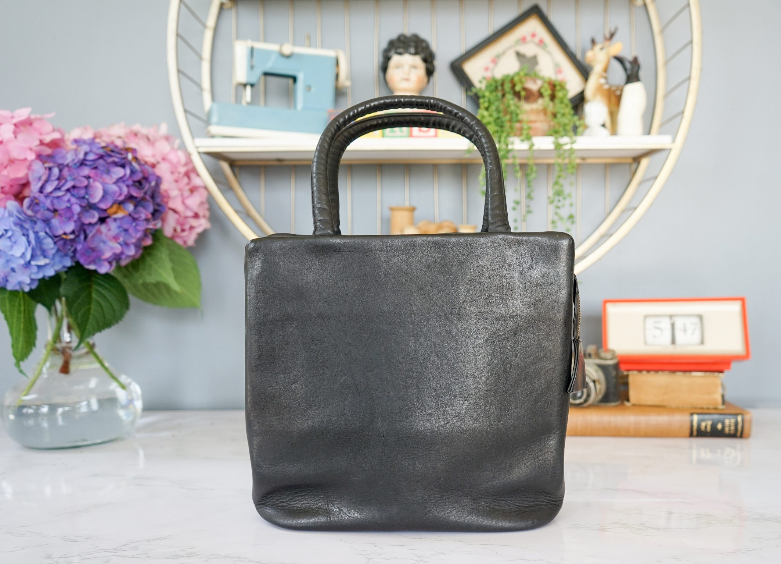 Vintage black leather square tote bag