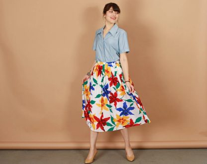 Colorful Large Floral Print A-Line Midi Skirt - Image 8