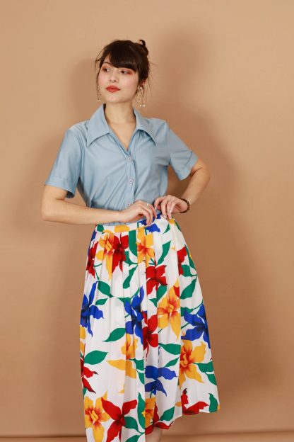Colorful Large Floral Print A-Line Midi Skirt - Image 7