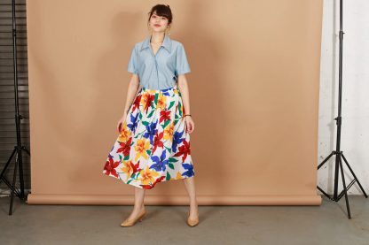 Colorful Large Floral Print A-Line Midi Skirt - Image 6