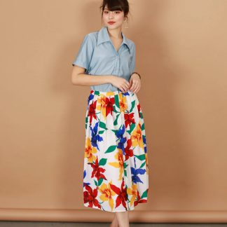 Colorful Large Floral Print A-Line Midi Skirt
