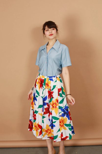 Colorful Large Floral Print A-Line Midi Skirt - Image 3