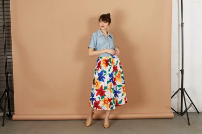 Colorful Large Floral Print A-Line Midi Skirt - Image 2