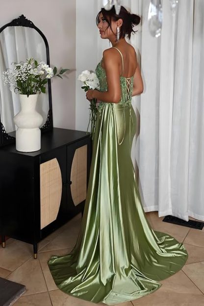 Olive green satin see-through lace high slit train dress - Image 5