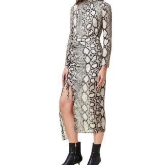 Snake print high collar slit slim dress