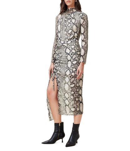 Snake print high collar slit slim dress