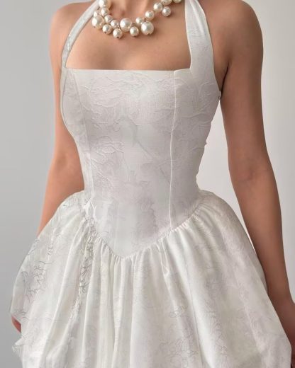 White jacquard halter neck waist bubble skirt - Image 7