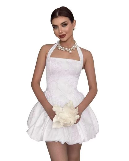 White jacquard halter neck waist bubble skirt