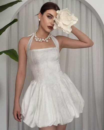 White jacquard halter neck waist bubble skirt - Image 5