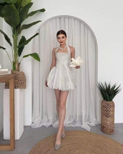 White jacquard halter neck waist bubble skirt - Image 3