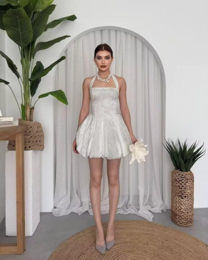 White jacquard halter neck waist bubble skirt - Image 2