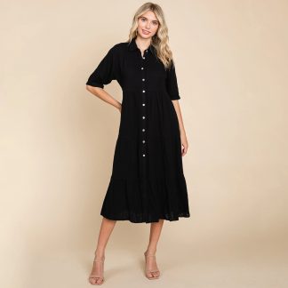 Classic black shirt collar swing dress