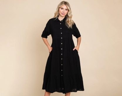Classic black shirt collar swing dress - Image 3