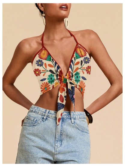 Printed satin backless camisole