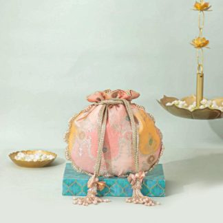 Pink and orange contrast embroidered drawstring bag