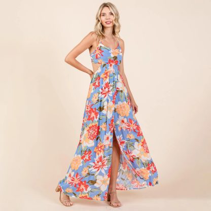 Tropical style backless slit halter print maxi dress - Image 8