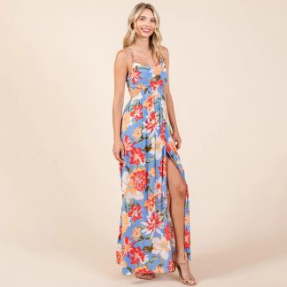 Tropical style backless slit halter print maxi dress