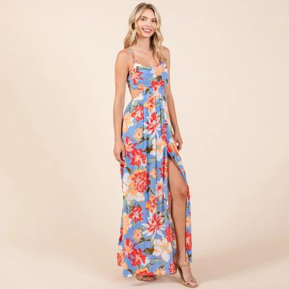 Tropical style backless slit halter print maxi dress