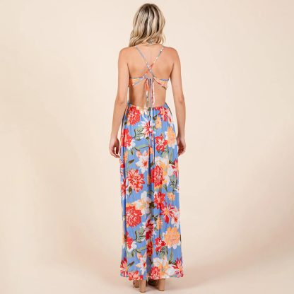 Tropical style backless slit halter print maxi dress - Image 5