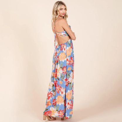 Tropical style backless slit halter print maxi dress - Image 4