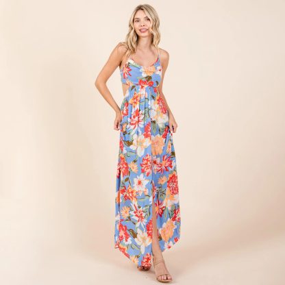 Tropical style backless slit halter print maxi dress - Image 3