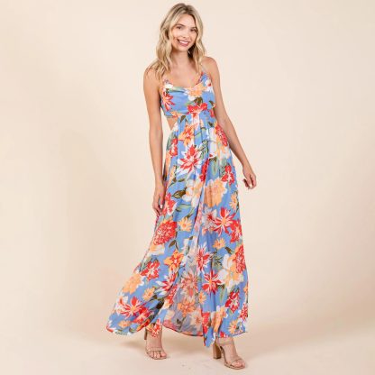 Tropical style backless slit halter print maxi dress - Image 2