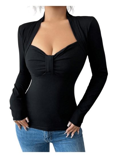 Fake two-piece deep V slim long-sleeved top - Image 5