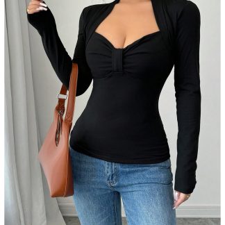 Fake two-piece deep V slim long-sleeved top