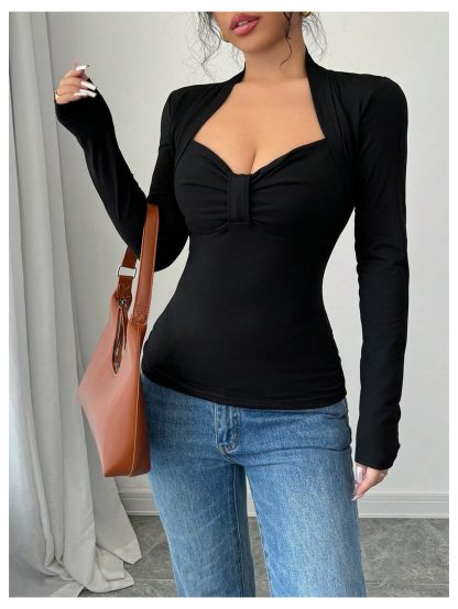 Fake two-piece deep V slim long-sleeved top