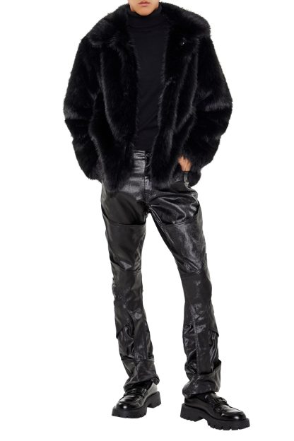 Black glossed leather bootcut cargo pants