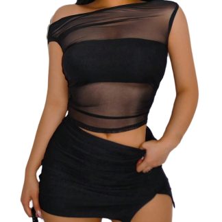 Hot girl style off-the-shoulder mesh cropped top
