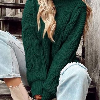 Dark green cable-knit turtleneck sweater