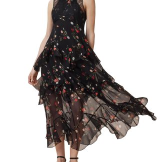 Black lace patchwork floral ruffle dress