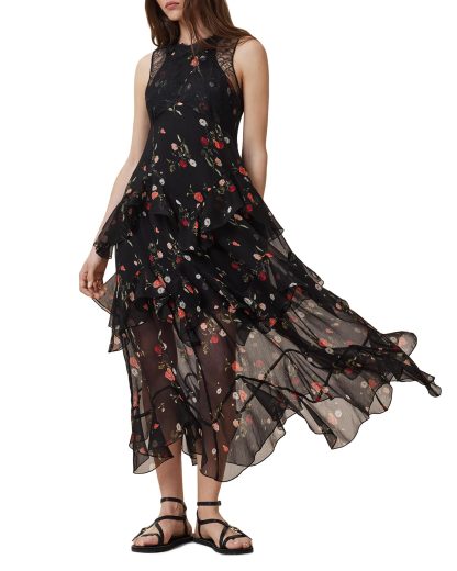 Black lace patchwork floral ruffle dress