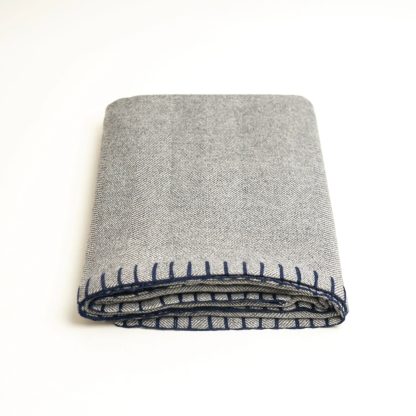 Light grey contrast navy blue stitching throw blanket