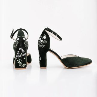Retro Dark Night Garden Embroidered Chunky Heels