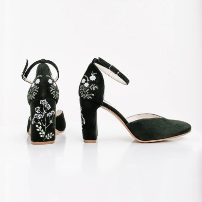 Retro Dark Night Garden Embroidered Chunky Heels