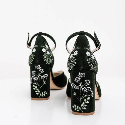 Retro Dark Night Garden Embroidered Chunky Heels - Image 4